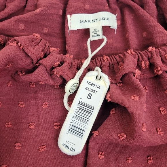 Max Studio burgundy boho blouse puffy ruffled sleeves gathered cuffs dots NWT S - Picture 5 of 12